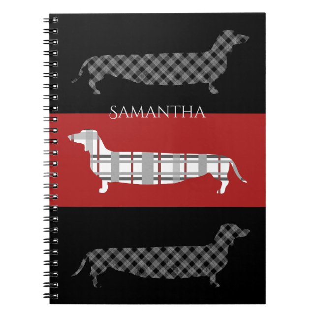 Carnet Dachshunds plaid sur rouge et noir Personnalisé (Devant)