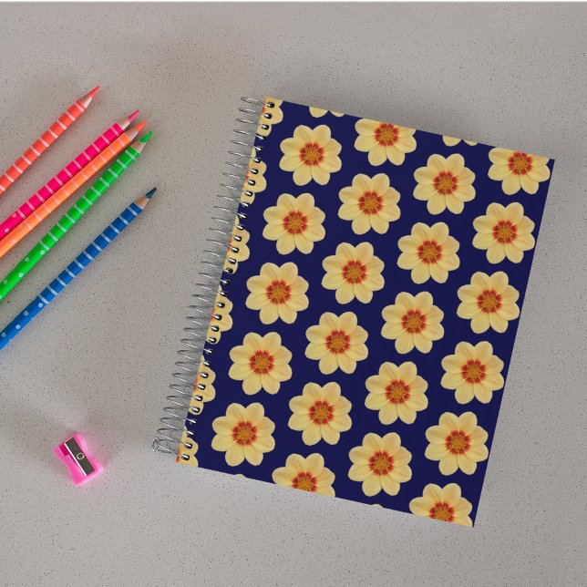 Carnet Dahlia jaune motif floral sur bleu (In Situ)