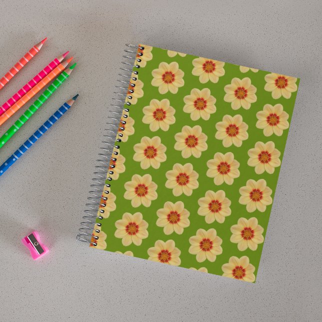Carnet Dahlia jaune motif floral sur vert (In Situ)