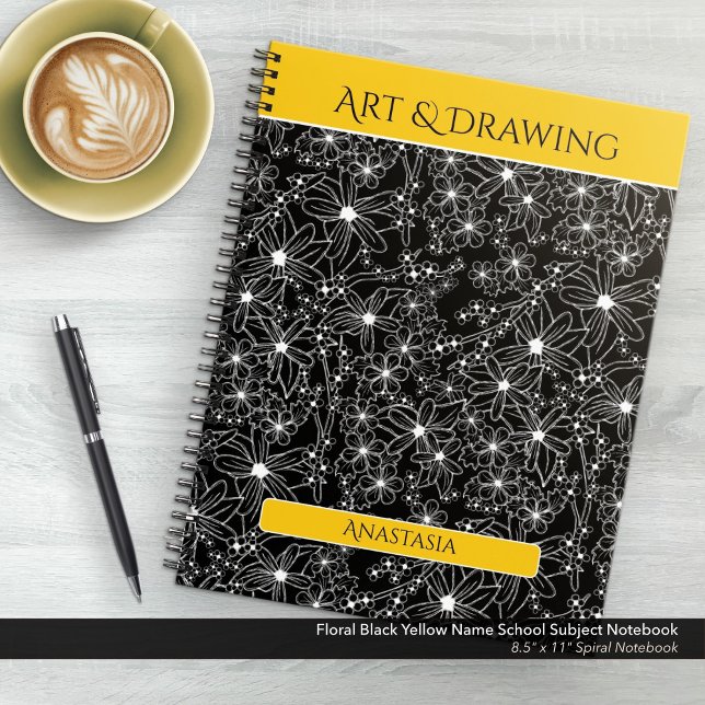 Carnet Daisy Fleur sauvage Black Yellow Nom de l'école Ob (Floral Black and Yellow School Subject Notebook: Personalize Your Name, Customize the School Subject)