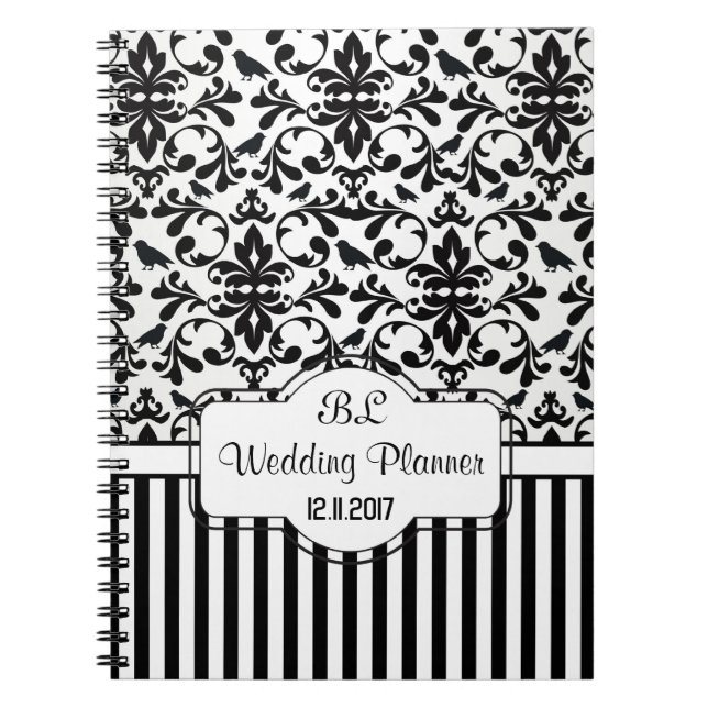 Carnet Damask noir blanc rayures Wedding planner Noteboo (Devant)