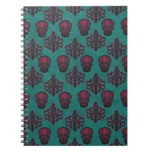 CARNET DAMASK SKULL CHAUD ROSE SUR TURQUOISE