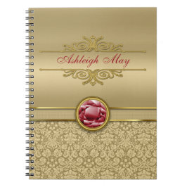 Carnet Damassé métallique d'or de pierre gemme rouge