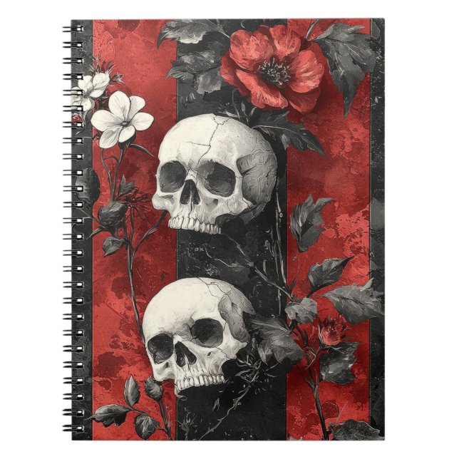 Carnet Dark Gothic Floral Skulls Red & Black Stripe (Devant)