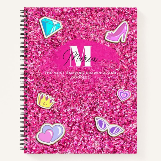 Carnet de croquis à monogramme girly pailleté rose (Devant)