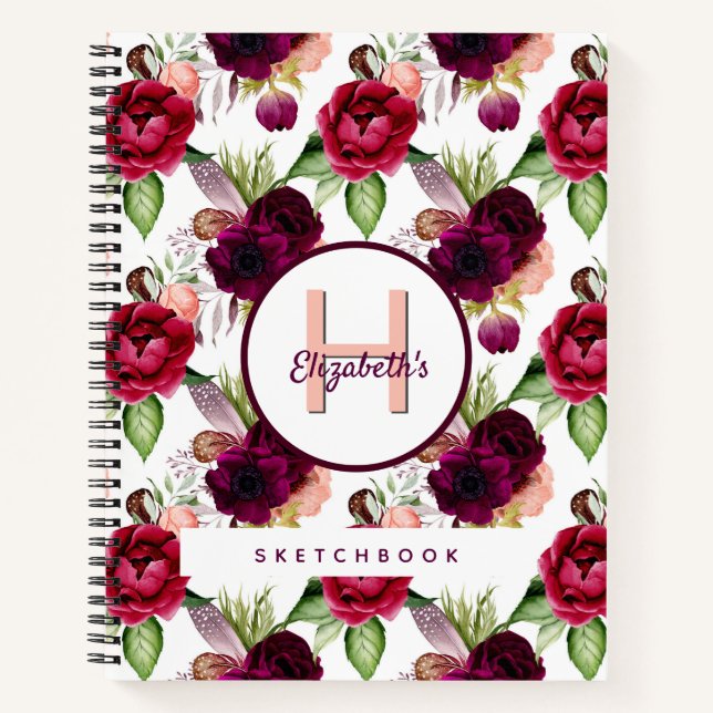 Carnet de croquis monogramme de fleurs bordeaux (Devant)