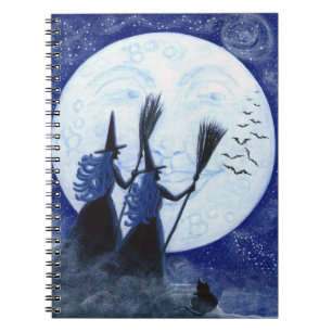 Carnet de Halloween, homme dans la lune, sorcière