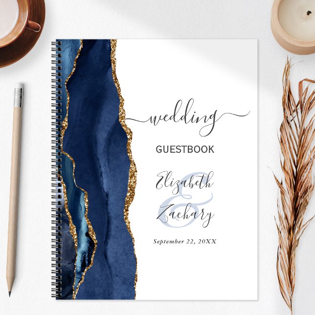 Carnet de mariage Agate Geode Script Bleu Nuit Or (Créateur téléchargé)