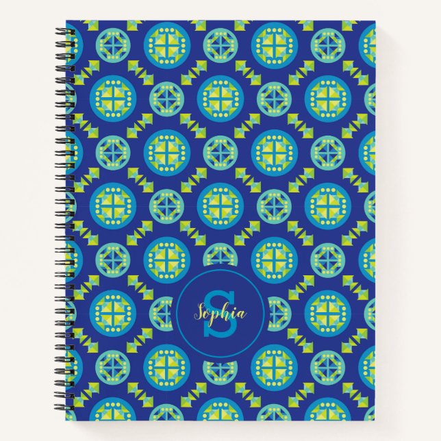 Carnet de Motif géométrique Monogramme bleu vert (Devant)