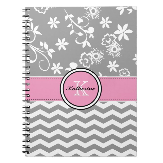Carnet de notes à spirale rose floral gris de (Devant)