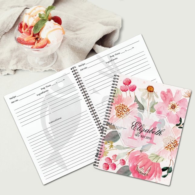 Carnet de recettes de Cuisines personnelles Monogr (Floral personalized recipe notebook - SOFT or HARD cover)