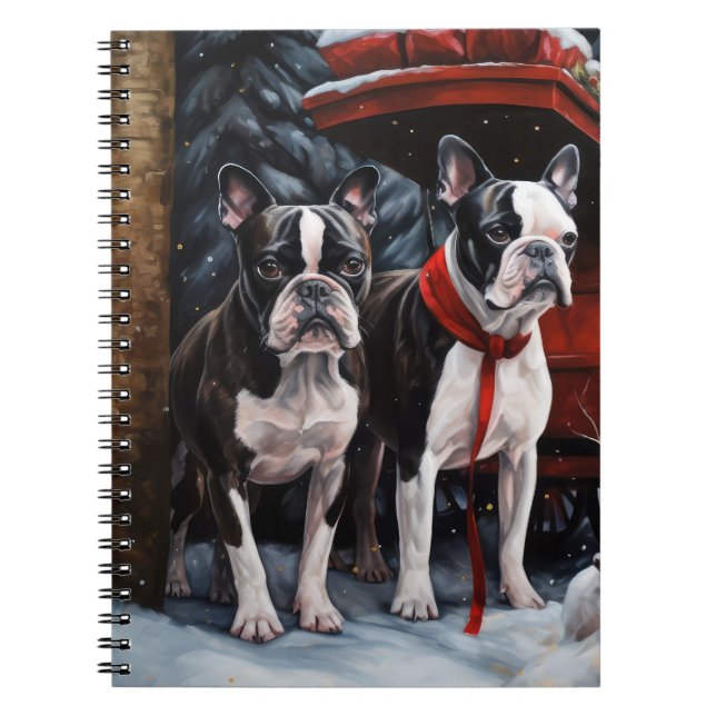 Carnet Décor de Noël de Boston Terrier Snowy Sleigh (Devant)