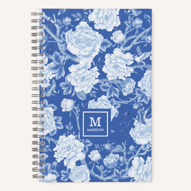 Carnet Delft Blue White Chinoiserie Bird Peonies Monogram (Recto)