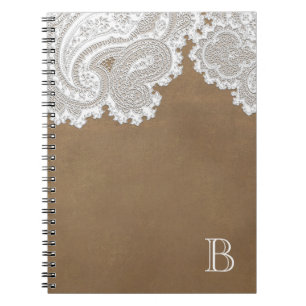 Carnet Dentelle blanche et marron chic rustique élégant