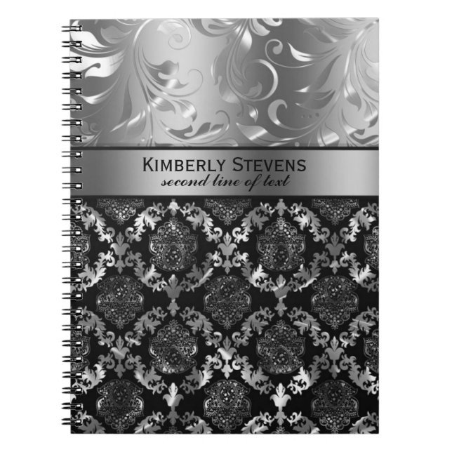 Carnet Dentelle Élégante Florale Noire Et Argent (Devant)