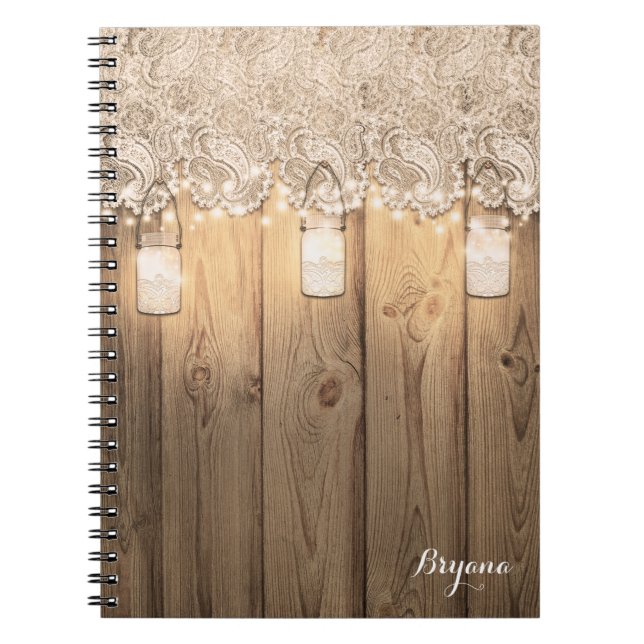 Carnet Dentelle en bois rustique et pots Mason éclairés (Devant)