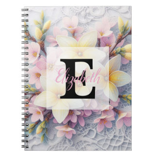 Carnet Dentelle monogramme fleurs roses et jaunes de prin