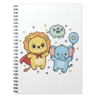 Carnet Dessin animé de lion et d'éléphant amis super-héro