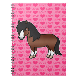 Carnet Dessin animé de poney Shetland brun et cœurs roses