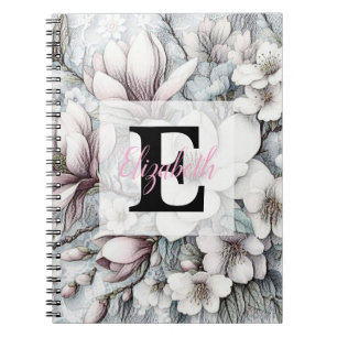 Carnet Dessin floral à monogramme fleurs de magnolias ros