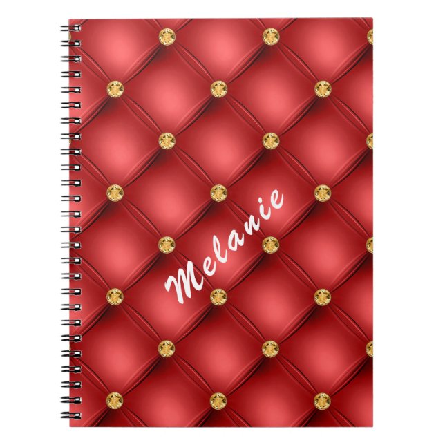Carnet Diamant Doré Cuir Tufé Votre Nom De Texte Rouge (Devant)