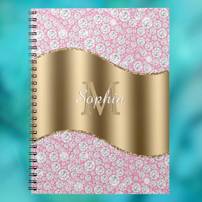 Carnet Diamants de Glam sur rose, Monogramme d'or, Nom du (Créateur téléchargé)