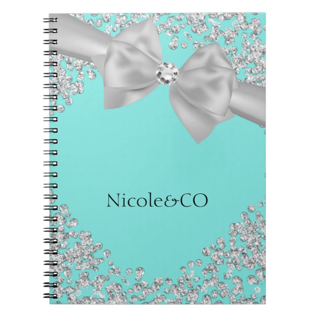 Carnet Diamants Personnalisés Glam Bleu Grand Ruban Blanc (Devant)