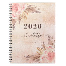 Carnet Diary pampas herbe rose or fleurons nom