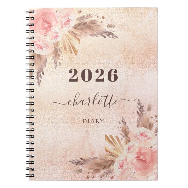Carnet Diary pampas herbe rose or fleurons nom (Devant)