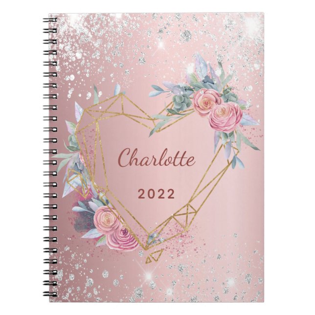 Carnet Diary rose floral argent nom de la parties scintil (Devant)