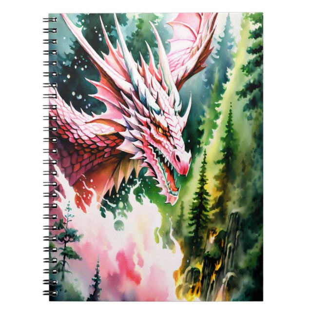 Carnet Dragon respirant le feu vibrante écailles roses (Devant)