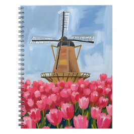 Carnet Dutch Windmill | Tulip Flower Field Watercolor