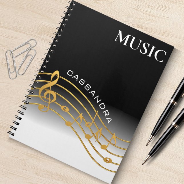 Carnet Échelle de note de musique noire et d'or (black and white ombre spiral notebook with gold music scale )