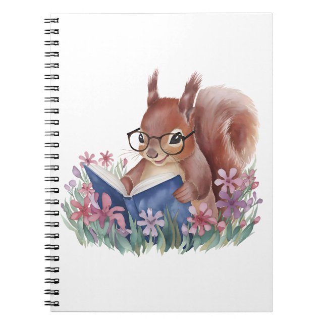 Carnet Écureuil Lit Un Livre, Niché Dans Des Fleurs (Devant)