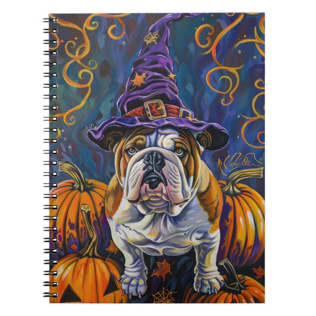 Carnet Éffrayant Bulldog Halloween sorcière et Citrouille (Devant)