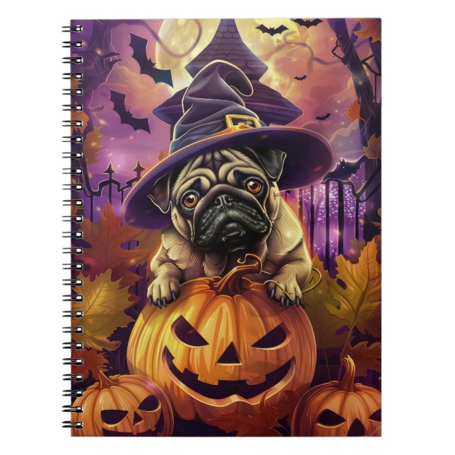 Carnet Éffrayant Carlin Chien Halloween Sorcière Et Citro (Devant)
