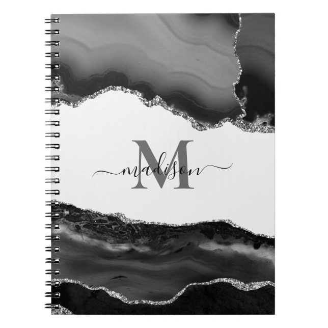 Carnet Elégant Black Geode Agate Monogram Parties scintil (Devant)