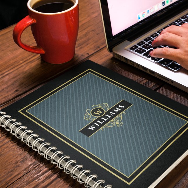 Carnet Élégant Black Gold Pinstripe Monogrammé (Créateur téléchargé)