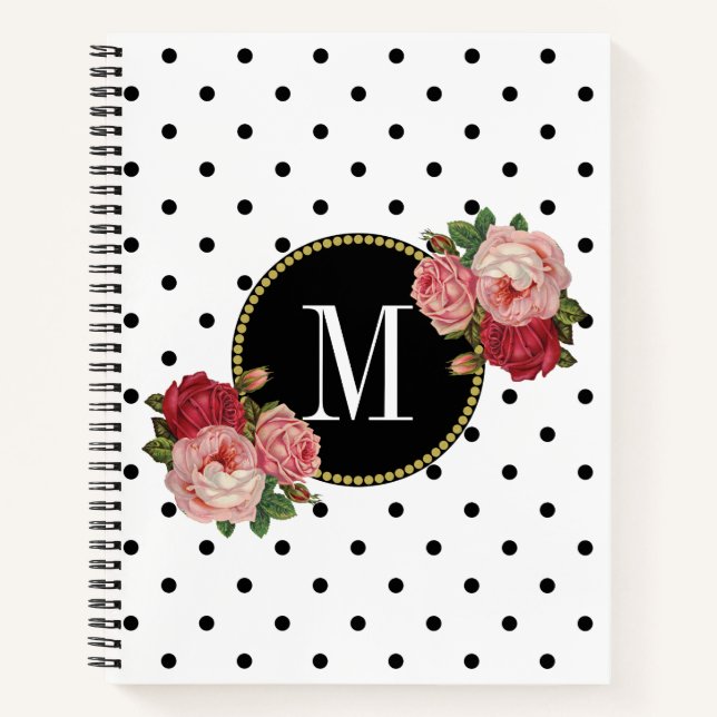 Carnet Elégant Blanc Vintage Fleurs Roses Dots Monogramme (Devant)
