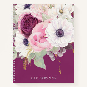 Carnet Élégant Bleu Peony Botanique Floral Monogramme