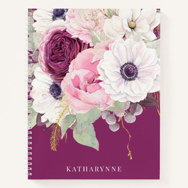 Carnet Élégant Bleu Peony Botanique Floral Monogramme (Devant)