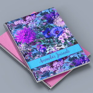 Carnet Élégant bleu violet motif floral monogramme