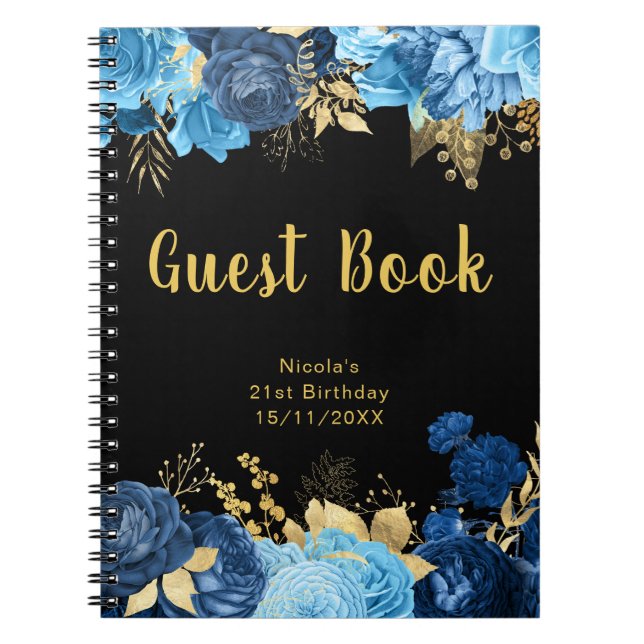 Carnet Elegant Blue and Gold Flowers Birthday Guest Book (Devant)