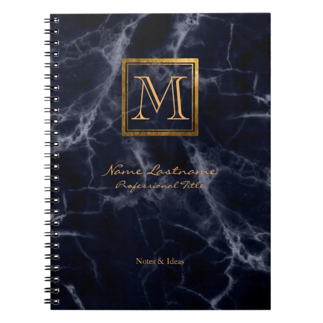 Carnet Élégant Carré en marbre de la marine Monogramme or (Devant)