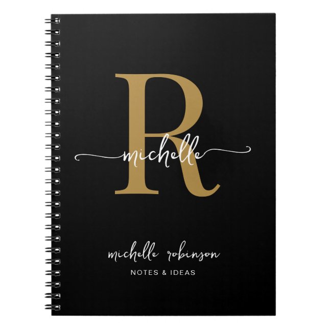 Carnet Élégant Chic Féminin Monogramme Nom en Noir et Or  (Devant)