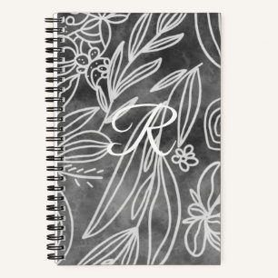 Carnet Élégant dessin de Feuilles de Monogramme noir et b