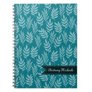 Carnet Elégant Feuilles Aqua sur Motif Turquoise avec nom