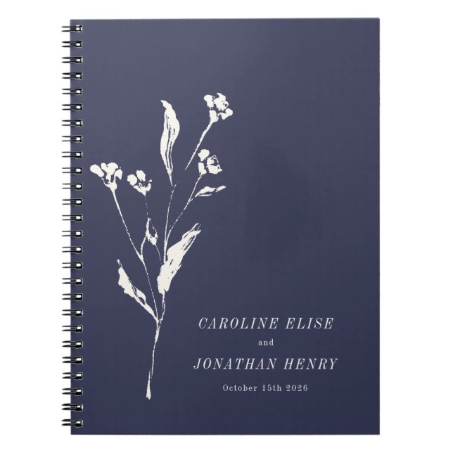 Carnet Élégant floral bleu marine simple mariage personna (Devant)