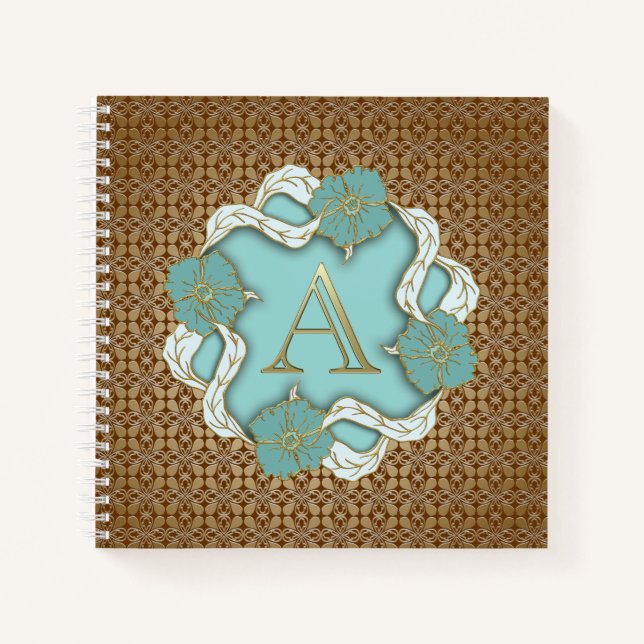 Carnet Élégant Floral Turquoise or lettre A (Devant)