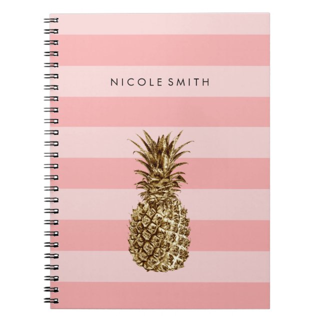 Carnet élégant joli ceinture en or ananas & bande rose (Devant)
